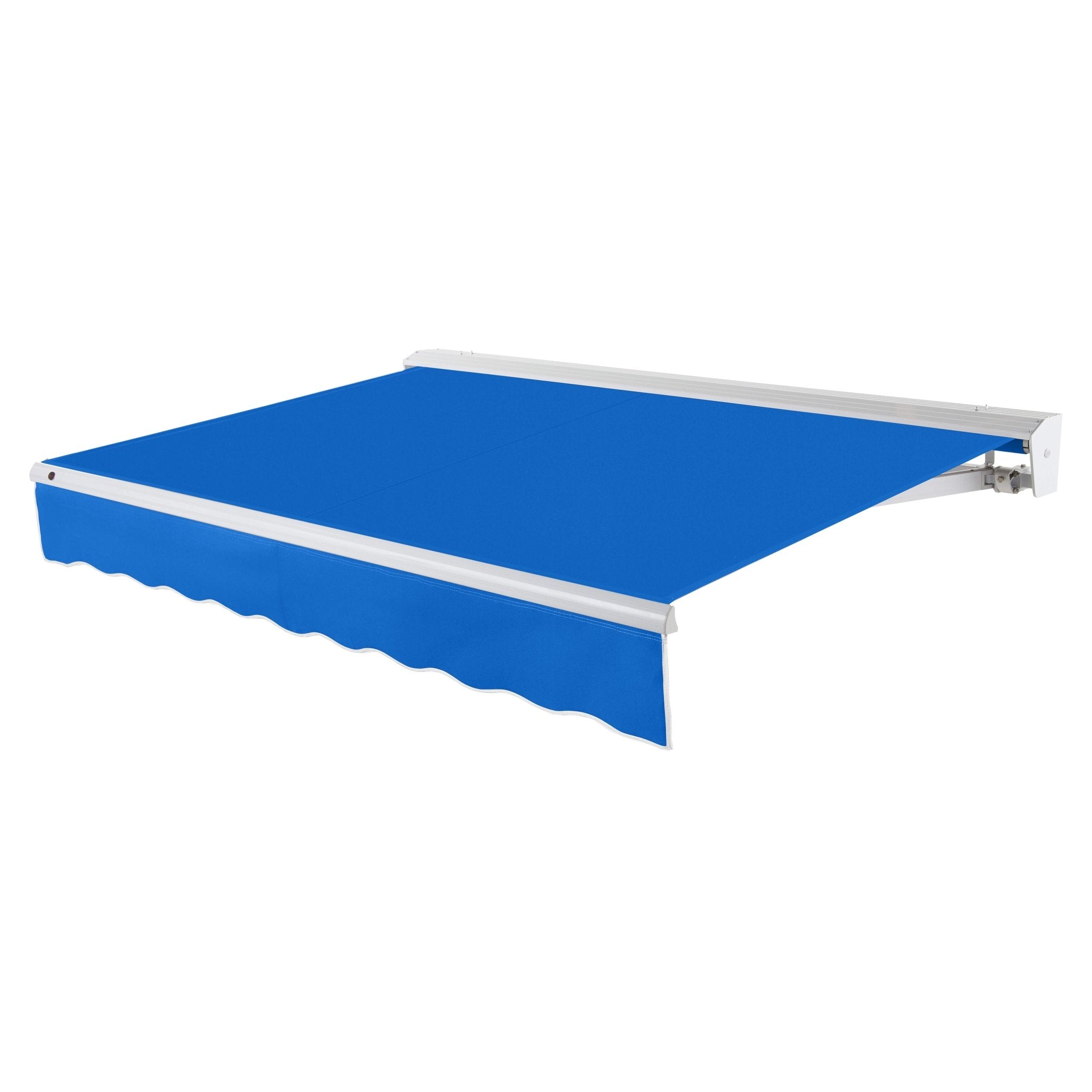 Awntech Destin motorized retractable awning in Bright Blue acrylic fabric, extended, three-quarter view with white aluminum hood and wave valance
