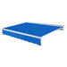 Awntech Destin motorized retractable awning in Bright Blue acrylic fabric, extended, three-quarter view with white aluminum hood and wave valance