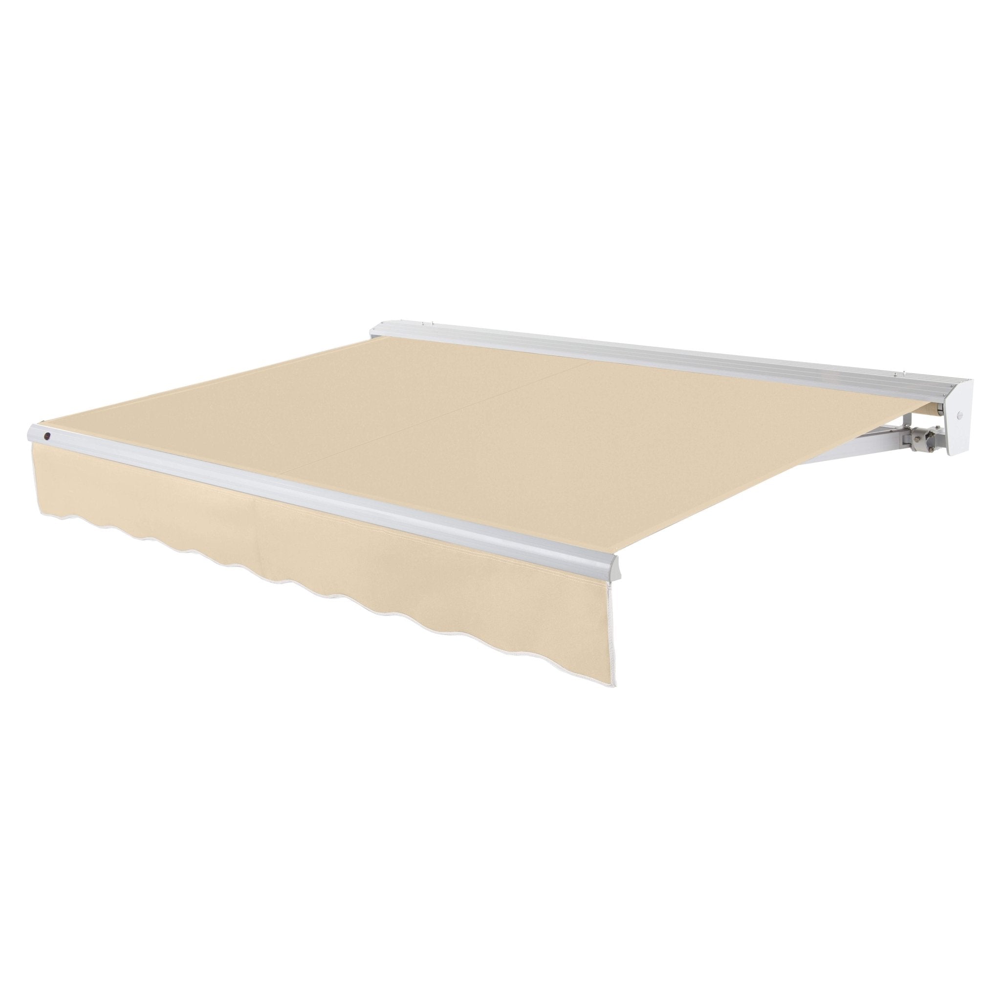 Awntech Destin motorized retractable awning in Tan acrylic fabric, extended, three-quarter view with white aluminum hood and wave valance
