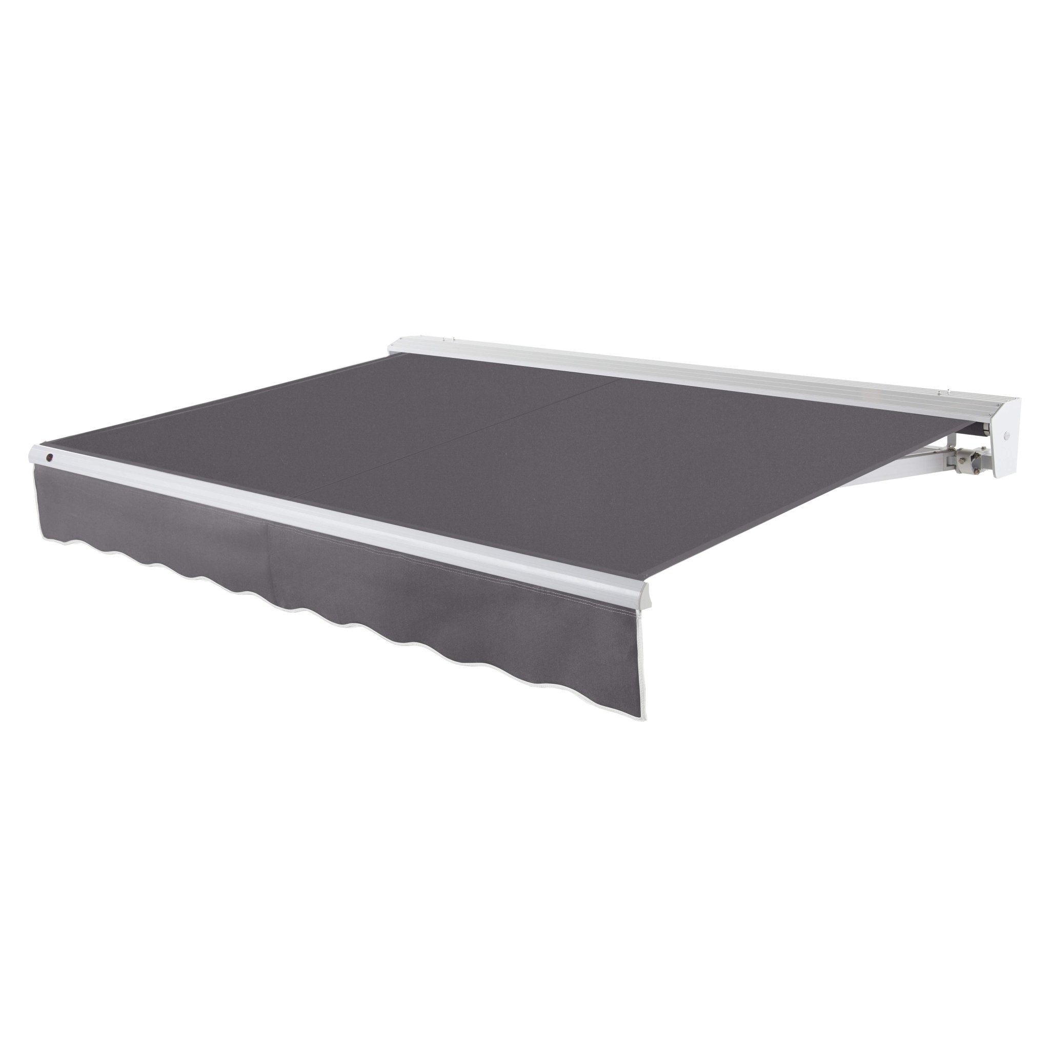 Awntech Destin motorized retractable awning in Gunmetal acrylic fabric, extended, three-quarter view with white aluminum hood and wave valance