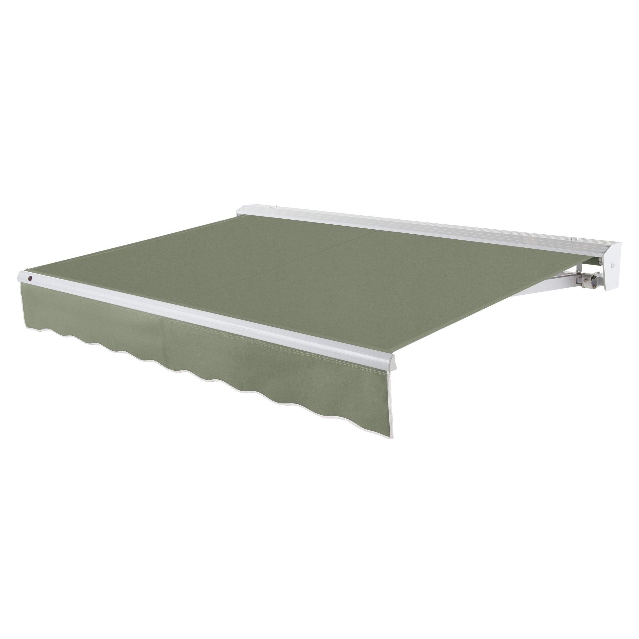 Awntech Destin motorized retractable awning in Sage acrylic fabric, extended, three-quarter view with white aluminum hood and wave valance