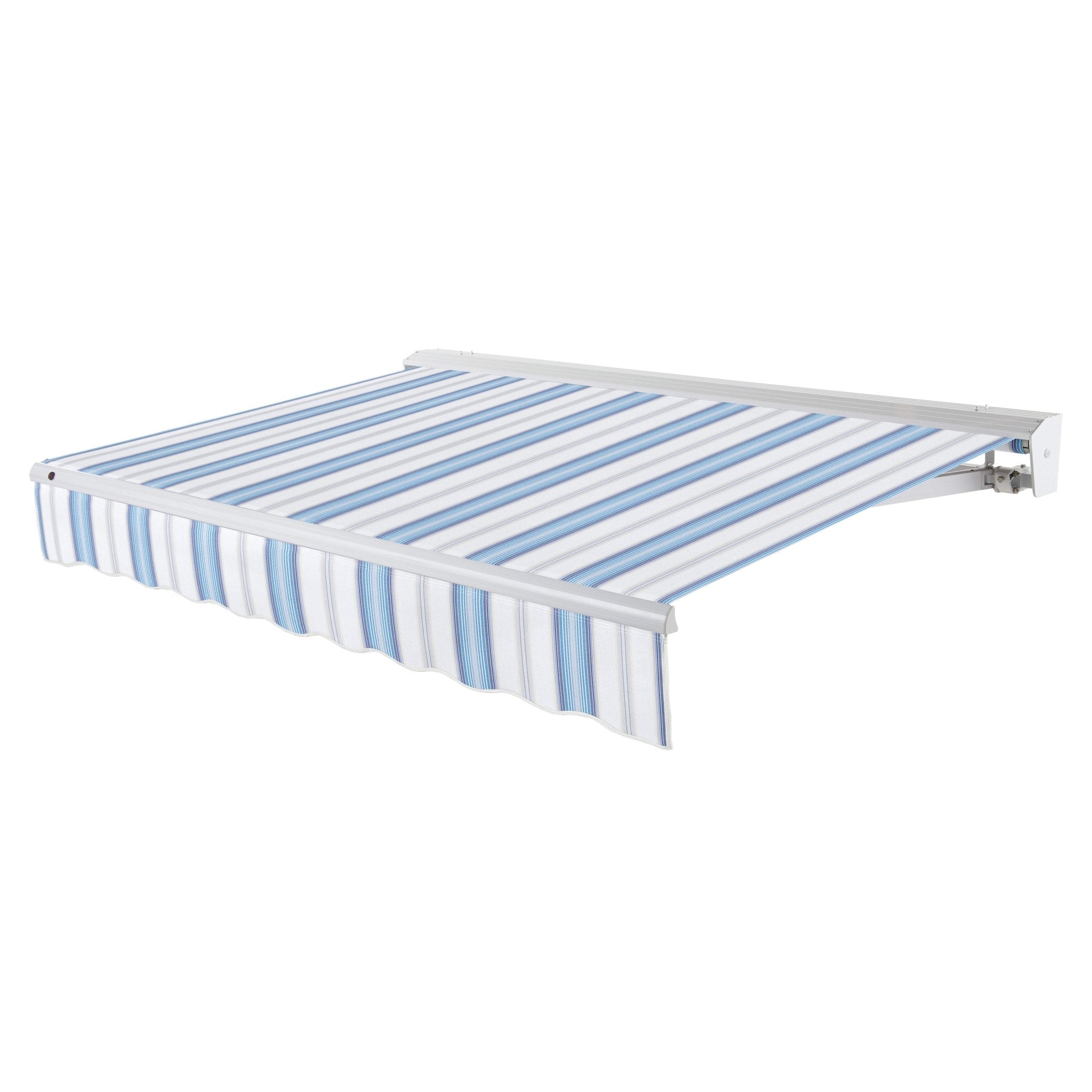 Awntech Destin motorized retractable awning in Bright Blue/Gray/White Multi acrylic fabric, extended, three-quarter view with white aluminum hood and wave valance