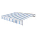 Awntech Destin motorized retractable awning in Bright Blue/Gray/White Multi acrylic fabric, extended, three-quarter view with white aluminum hood and wave valance