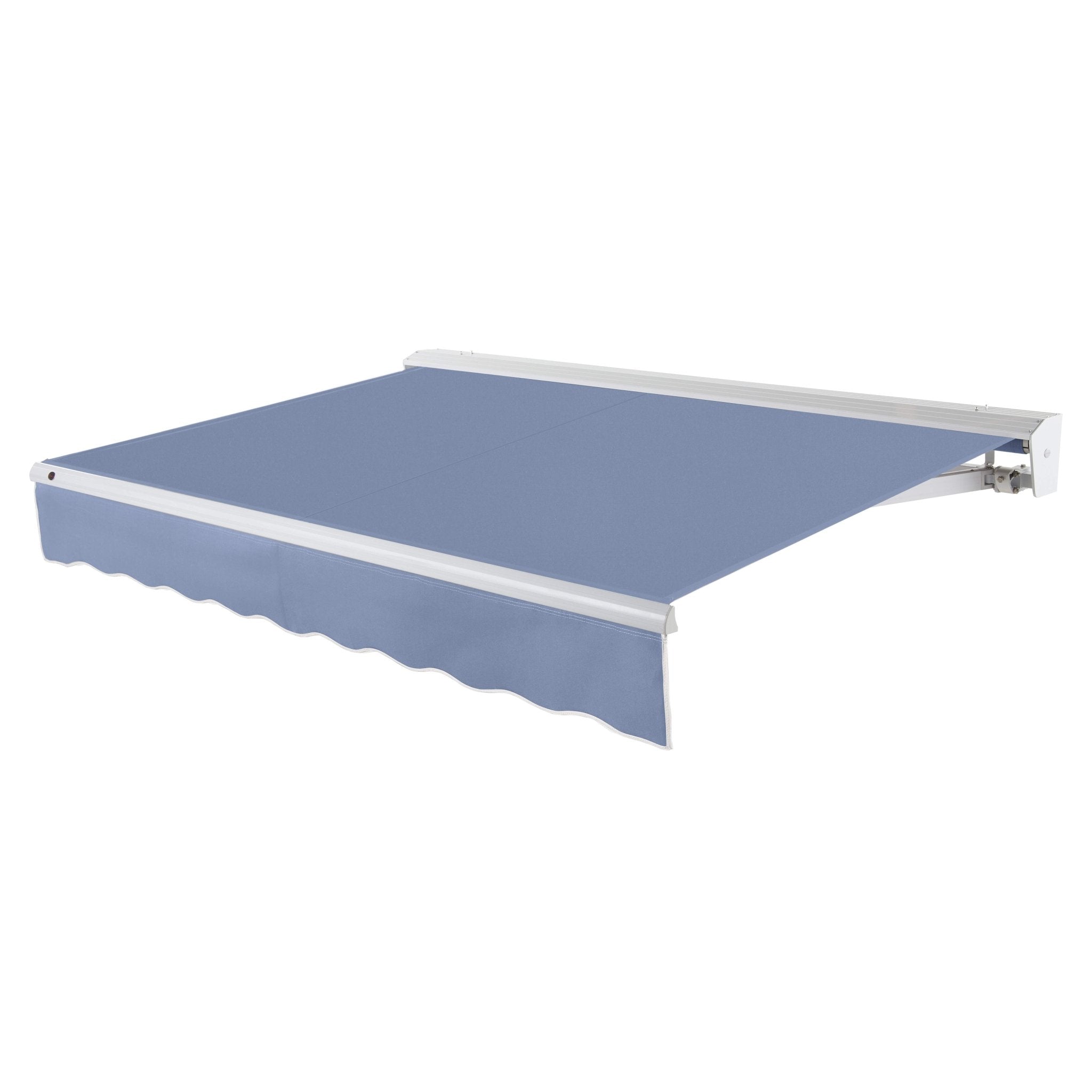 Awntech Destin motorized retractable awning in Dusty Blue acrylic fabric, extended, three-quarter view with white aluminum hood and wave valance