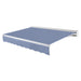 Awntech Destin motorized retractable awning in Dusty Blue acrylic fabric, extended, three-quarter view with white aluminum hood and wave valance