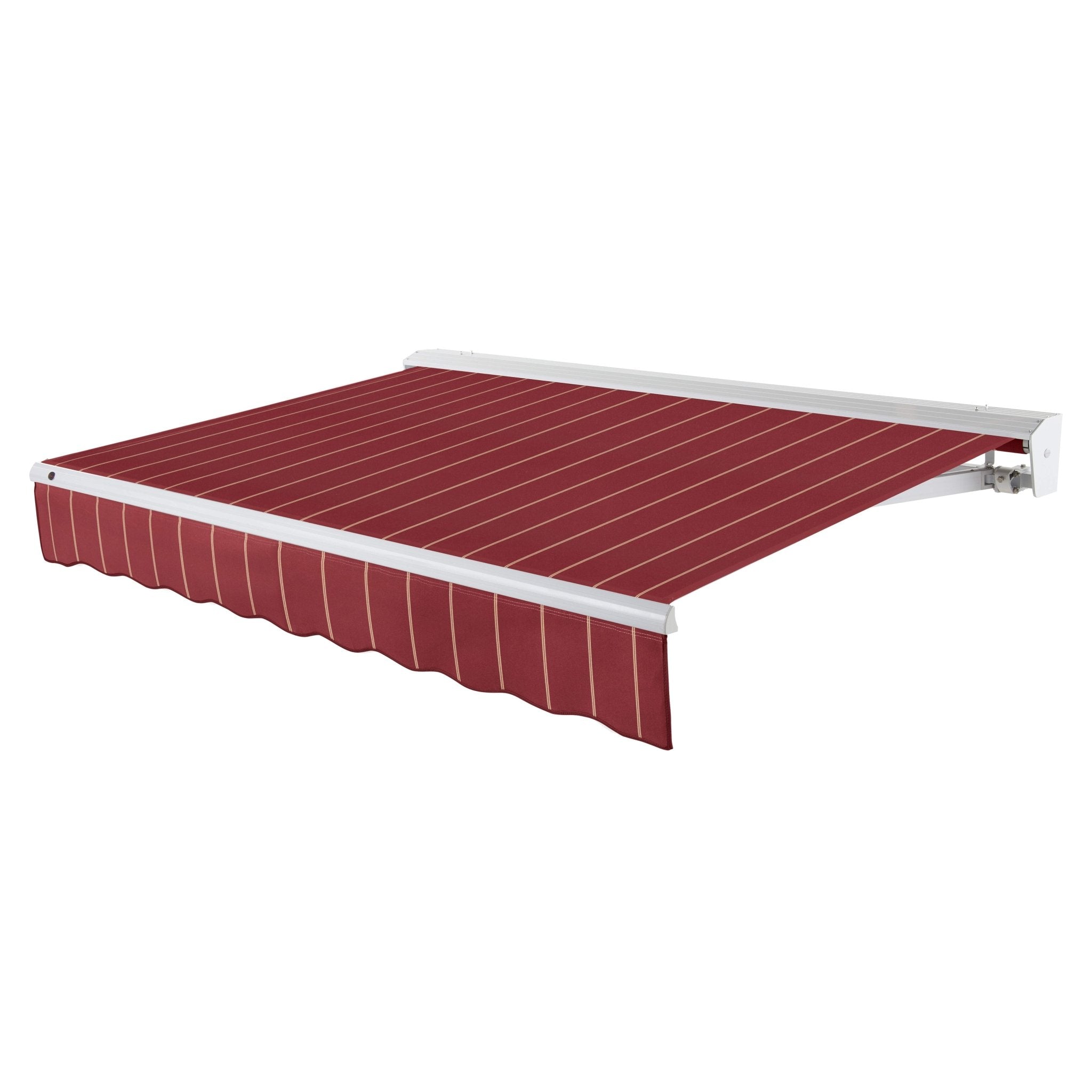 Awntech Destin motorized retractable awning in Burgundy Pin Stripe acrylic fabric, extended, three-quarter view with white aluminum hood and wave valance