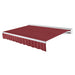 Awntech Destin motorized retractable awning in Burgundy Pin Stripe acrylic fabric, extended, three-quarter view with white aluminum hood and wave valance