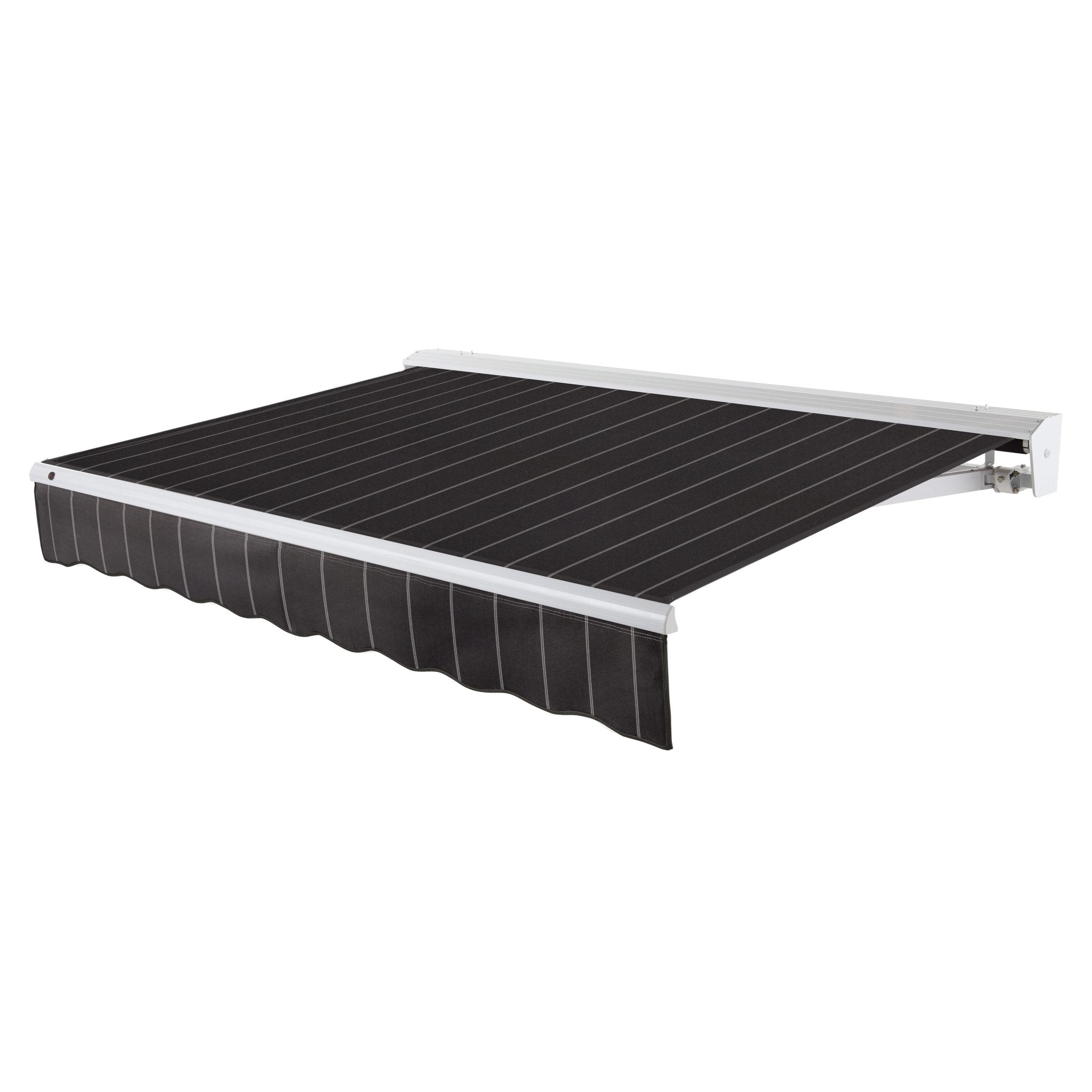 Awntech Destin motorized retractable awning in Black Pin Stripe acrylic fabric, extended, three-quarter view with white aluminum hood and wave valance