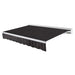Awntech Destin motorized retractable awning in Black Pin Stripe acrylic fabric, extended, three-quarter view with white aluminum hood and wave valance