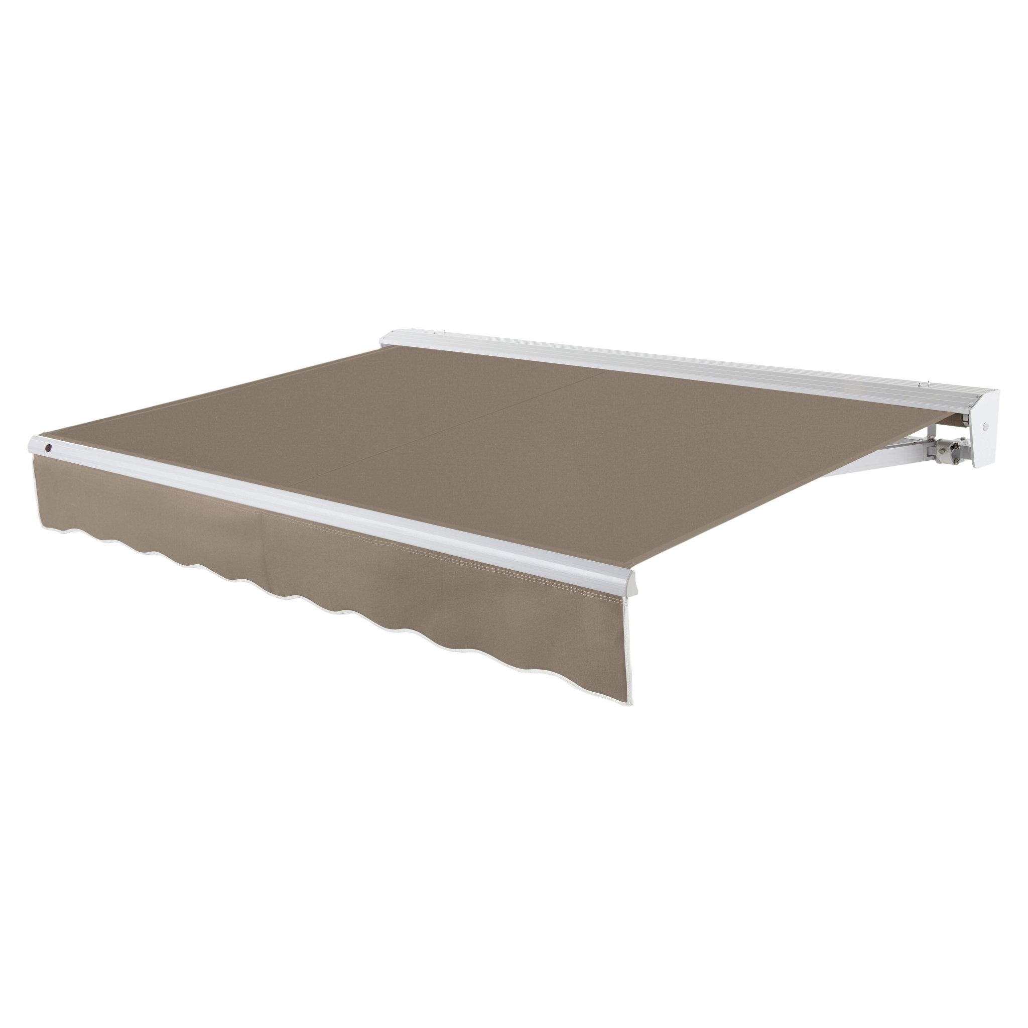 Awntech Destin motorized retractable awning in Taupe acrylic fabric, extended, three-quarter view with white aluminum hood and wave valance
