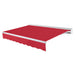 Awntech Destin motorized retractable awning in Red acrylic fabric, extended, three-quarter view with white aluminum hood and wave valance