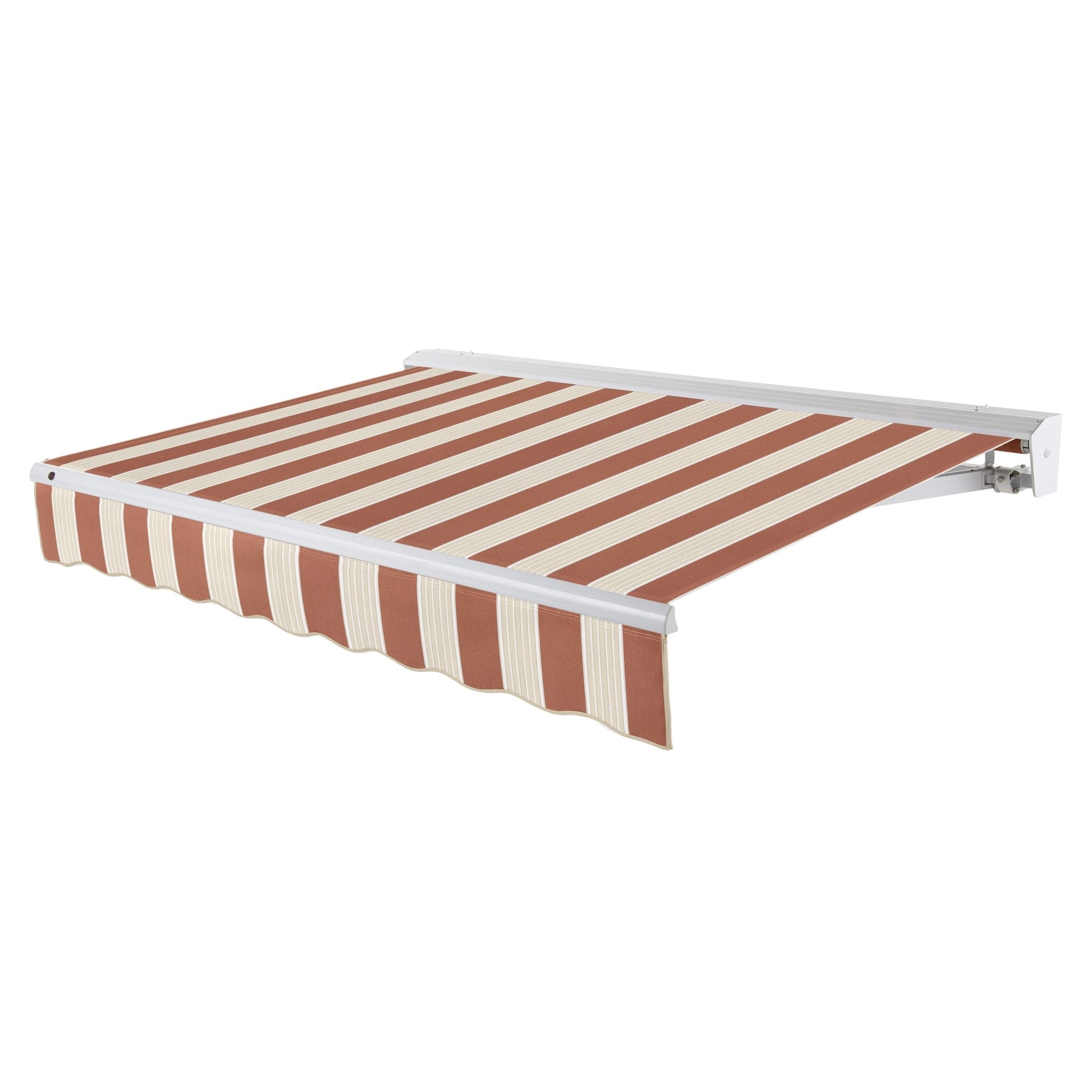 Awntech Destin motorized retractable awning in Terracotta/Tan Multi acrylic fabric, extended, three-quarter view with white aluminum hood and wave valance