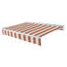 Awntech Destin motorized retractable awning in Terracotta/Tan Multi acrylic fabric, extended, three-quarter view with white aluminum hood and wave valance