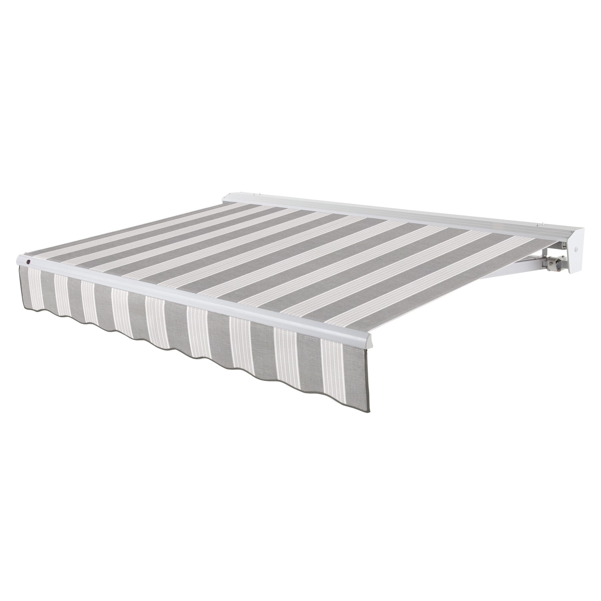 Awntech Destin motorized retractable awning in Gunmetal/Gray Multi acrylic fabric, extended, three-quarter view with white aluminum hood and wave valance