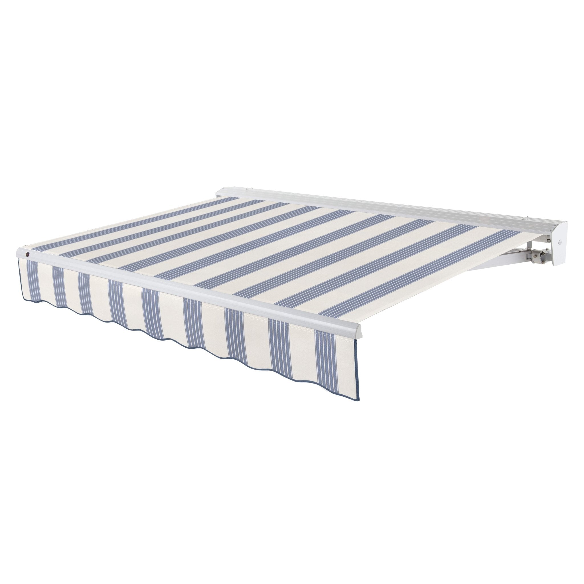 Awntech Destin motorized retractable awning in Dusty Blue Multi acrylic fabric, extended, three-quarter view with white aluminum hood and wave valance