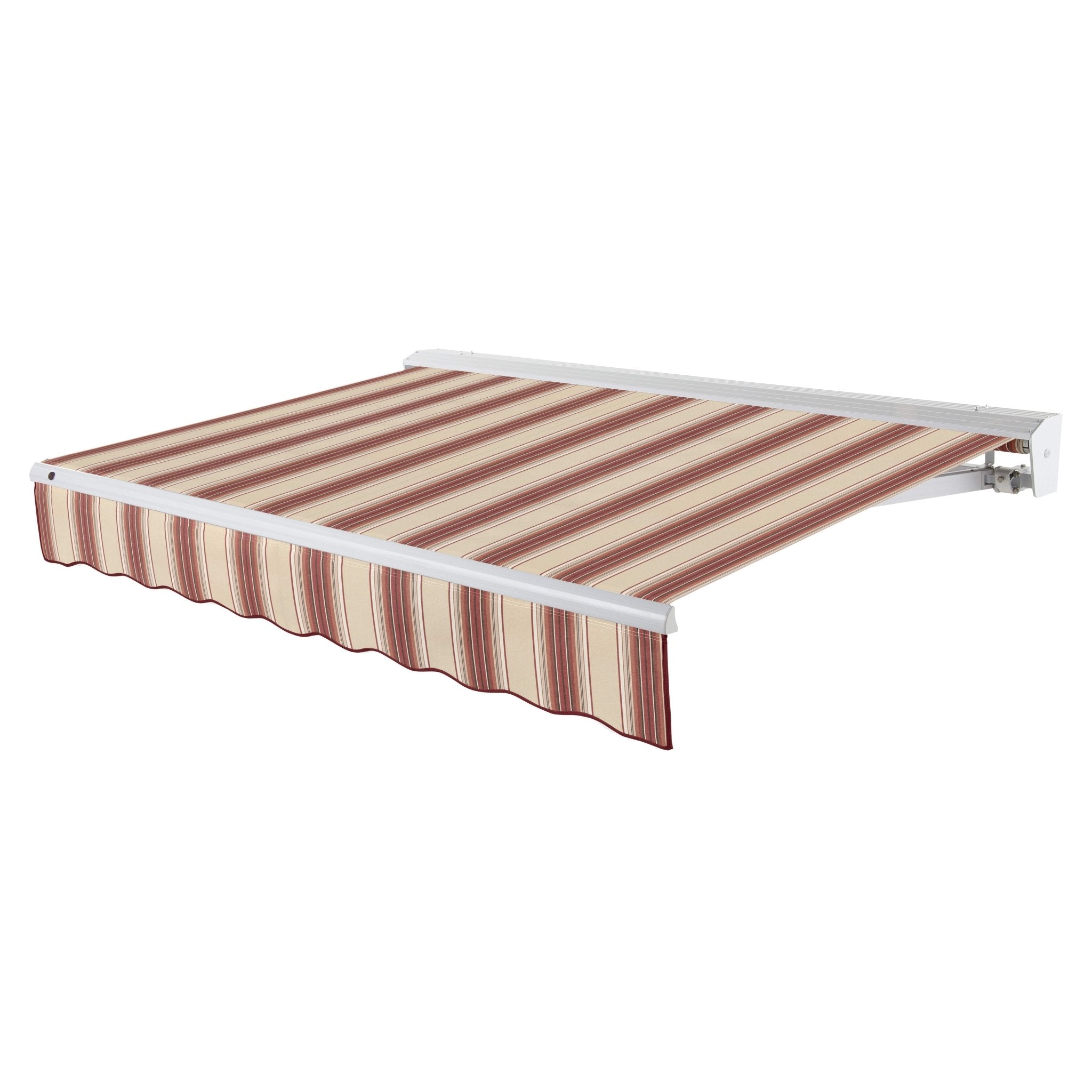 Awntech Destin motorized retractable awning in Burgundy/Tan Multi acrylic fabric, extended, three-quarter view with white aluminum hood and wave valance