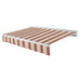 Awntech Destin motorized retractable awning in Burgundy/Tan Multi acrylic fabric, extended, three-quarter view with white aluminum hood and wave valance