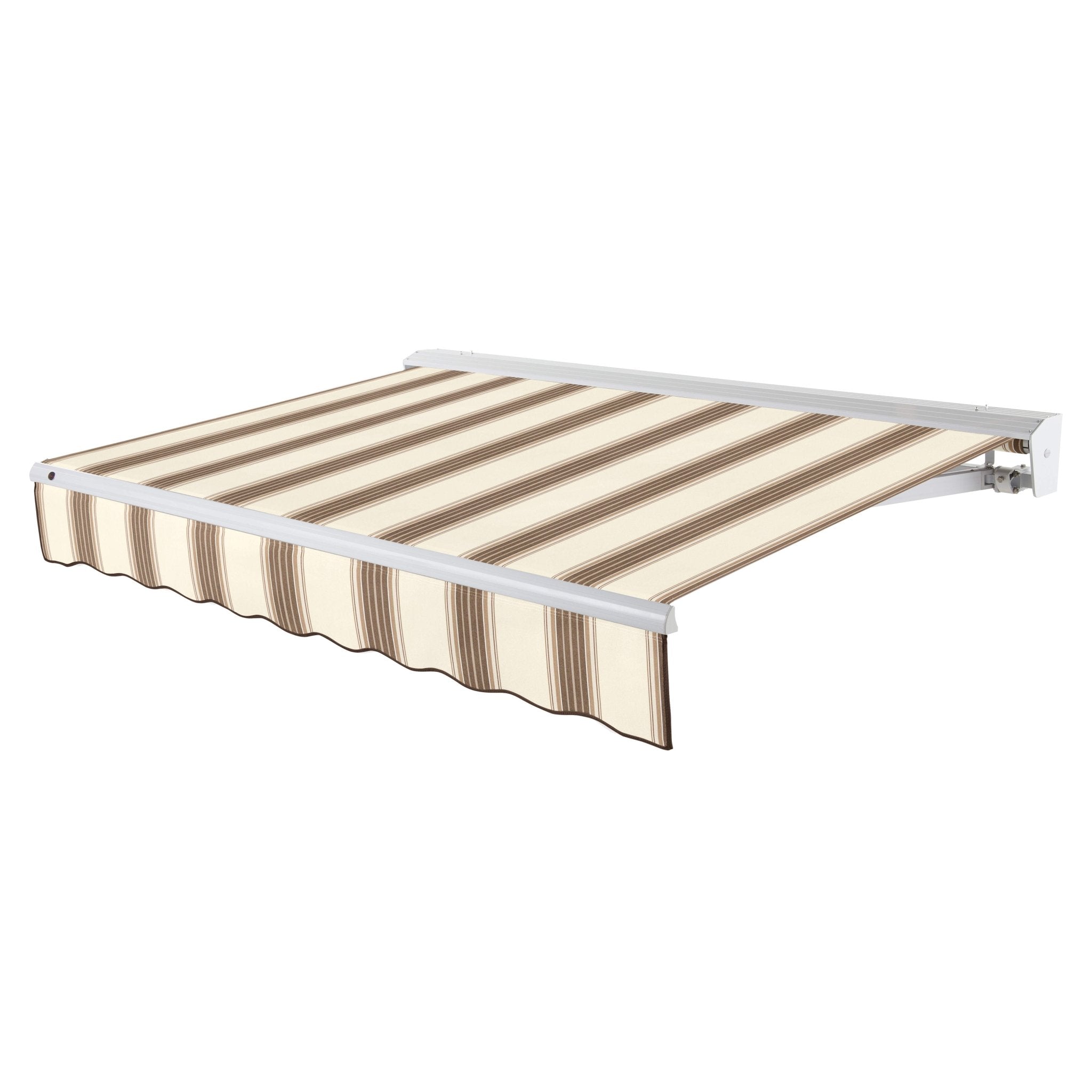 Awntech Destin motorized retractable awning in Brown/Tan/White Multi acrylic fabric, extended, three-quarter view with white aluminum hood and wave valance