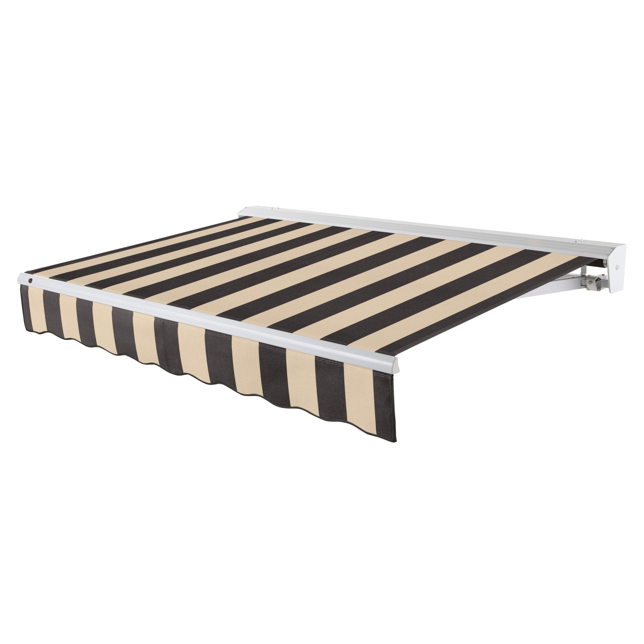 Awntech Destin motorized retractable awning in Black/Tan Stripe acrylic fabric, extended, three-quarter view with white aluminum hood and wave valance