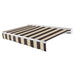 Awntech Destin motorized retractable awning in Black/Tan Stripe acrylic fabric, extended, three-quarter view with white aluminum hood and wave valance
