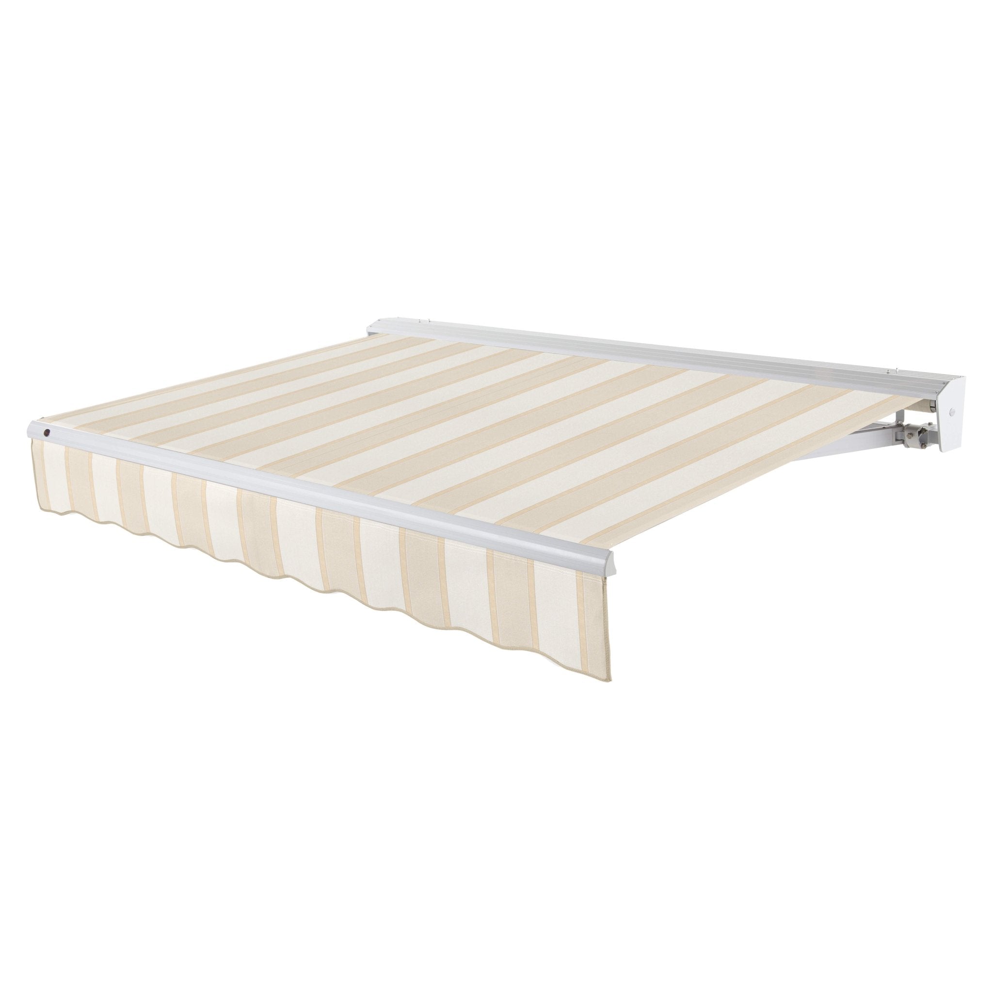 Awntech Destin motorized retractable awning in Almond Multi acrylic fabric, extended, three-quarter view with white aluminum hood and wave valance