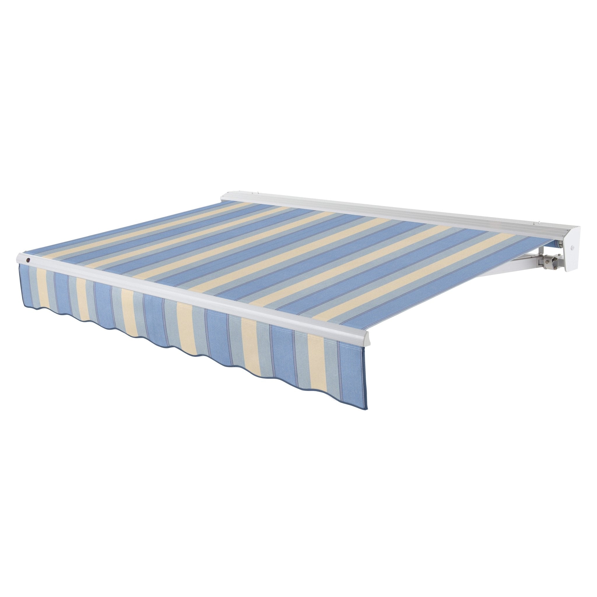 Awntech Destin motorized retractable awning in Dusty Blue/Tan Wide Multi acrylic fabric, extended, three-quarter view with white aluminum hood and wave valance