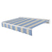 Awntech Destin motorized retractable awning in Dusty Blue/Tan Wide Multi acrylic fabric, extended, three-quarter view with white aluminum hood and wave valance