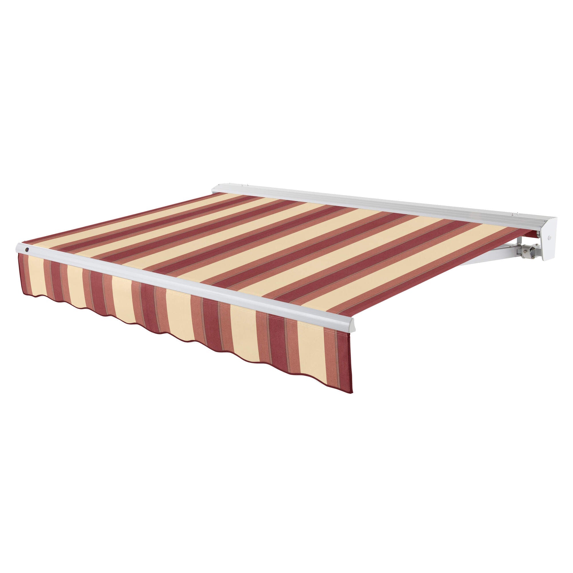 Awntech Destin motorized retractable awning in Burgundy/Tan Wide Multi acrylic fabric, extended, three-quarter view with white aluminum hood and wave valance