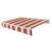Awntech Destin motorized retractable awning in Burgundy/Tan Wide Multi acrylic fabric, extended, three-quarter view with white aluminum hood and wave valance