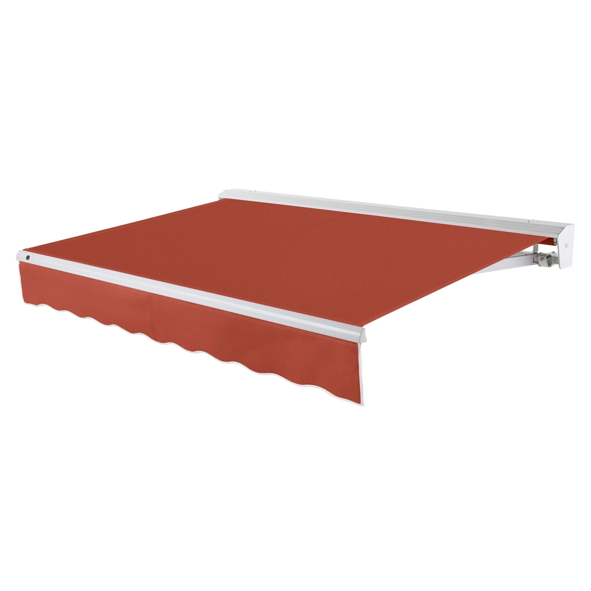 Awntech Destin motorized retractable awning in Terracotta acrylic fabric, extended, three-quarter view with white aluminum hood and wave valance