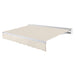 Awntech Destin motorized retractable awning in Linen Pin Stripe acrylic fabric, extended, three-quarter view with white aluminum hood and wave valance
