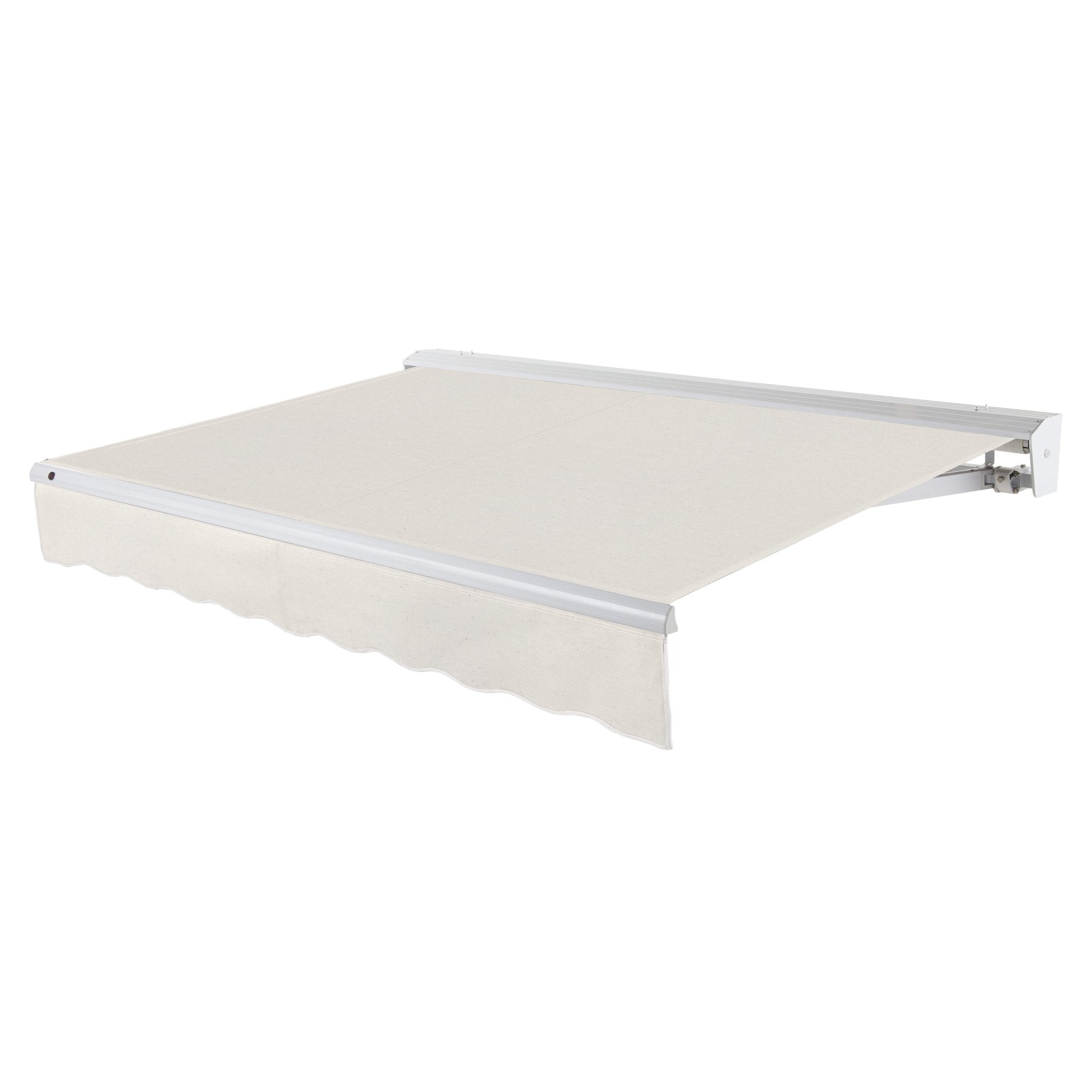 Awntech Destin motorized retractable awning in Oatmeal Tweed acrylic fabric, extended, three-quarter view with white aluminum hood and wave valance