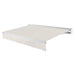 Awntech Destin motorized retractable awning in Oatmeal Tweed acrylic fabric, extended, three-quarter view with white aluminum hood and wave valance