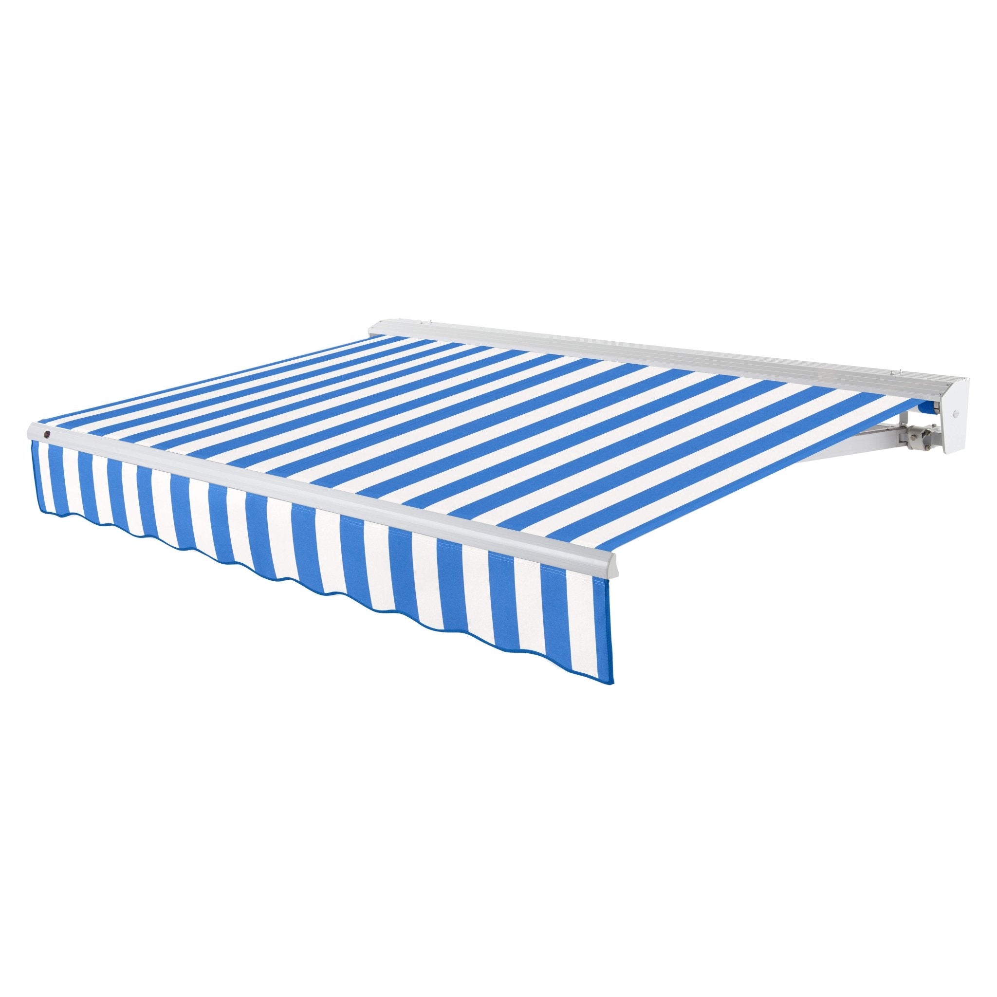 Awntech Destin motorized retractable awning in Bright Blue/White Stripe acrylic fabric, extended, three-quarter view with white aluminum hood and wave valance