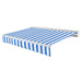 Awntech Destin motorized retractable awning in Bright Blue/White Stripe acrylic fabric, extended, three-quarter view with white aluminum hood and wave valance