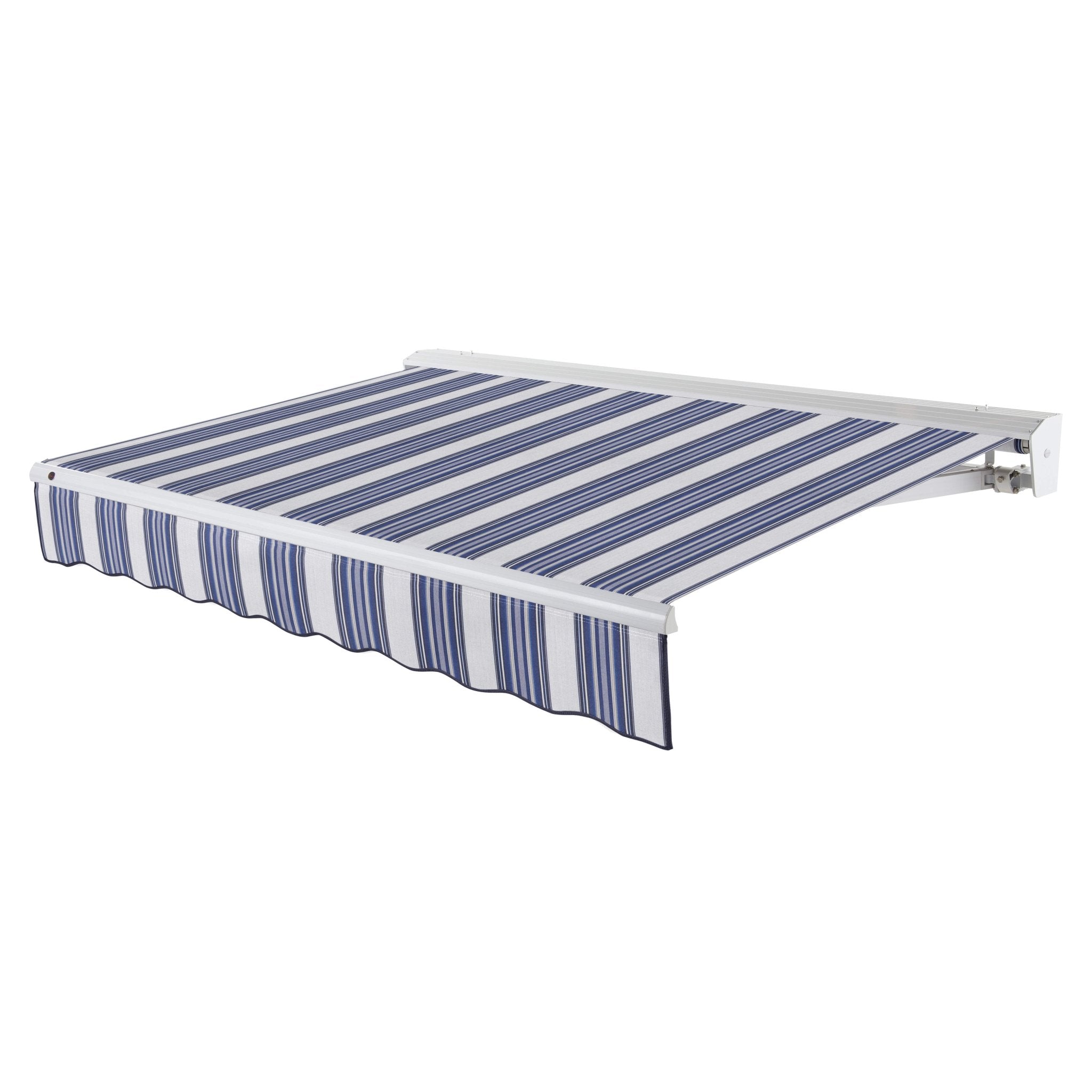 Awntech Destin motorized retractable awning in Navy/Gray/White Multi acrylic fabric, extended, three-quarter view with white aluminum hood and wave valance
