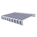 Awntech Destin motorized retractable awning in Navy/Gray/White Multi acrylic fabric, extended, three-quarter view with white aluminum hood and wave valance