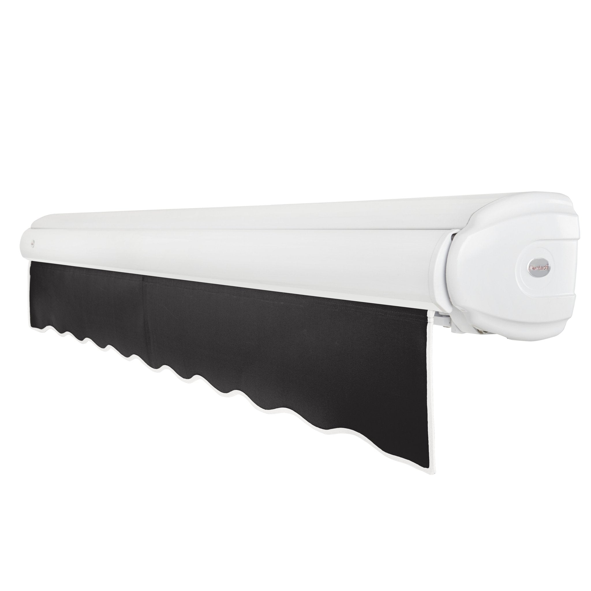Side view of a black Awntech Key West retractable awning closed inside its white full cassette housing