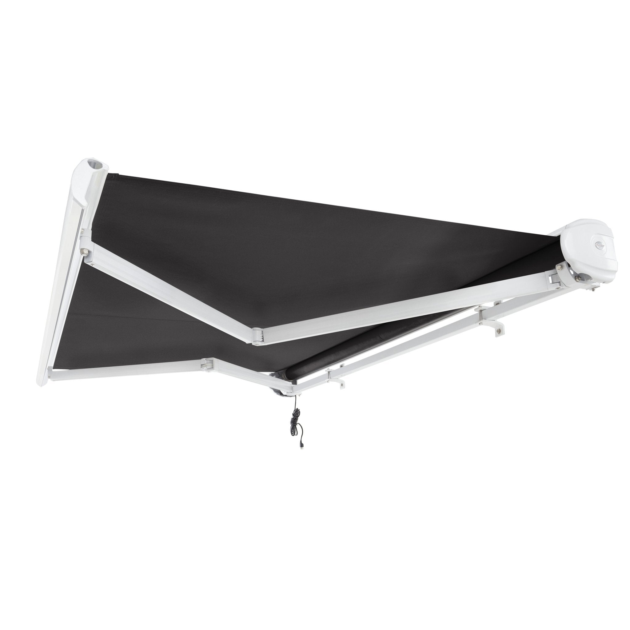 Underside view of a black Awntech Key West motorized retractable awning fully extended, showing the white folding arms and power cord