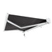 Underside view of a black Awntech Key West motorized retractable awning fully extended, showing the white folding arms and power cord