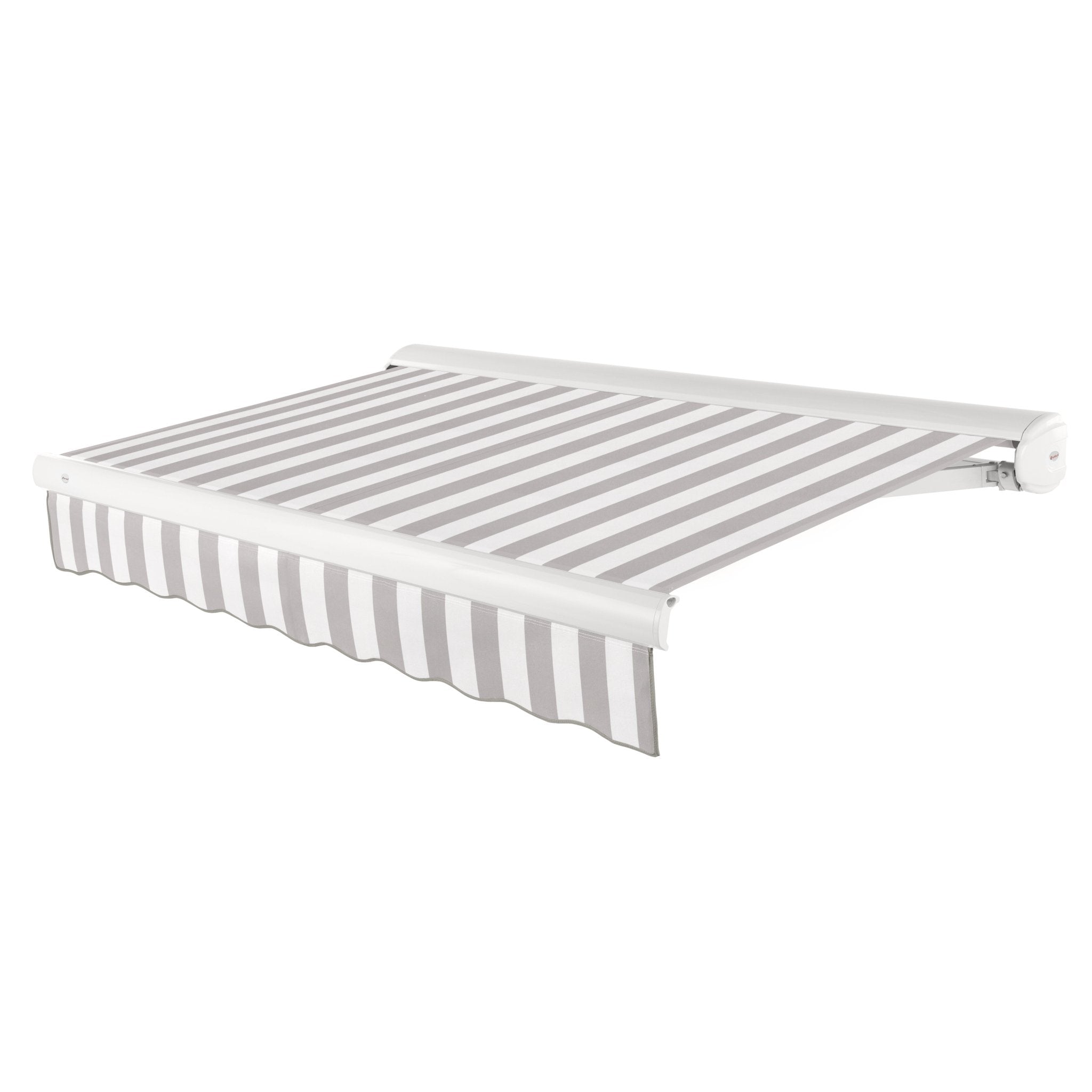 Awntech Key West full cassette motorized retractable awning in Gray/White Stripe acrylic fabric, extended, three-quarter view with white full cassette housing and wave valance
