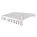 Awntech Key West full cassette motorized retractable awning in Gray/White Stripe acrylic fabric, extended, three-quarter view with white full cassette housing and wave valance