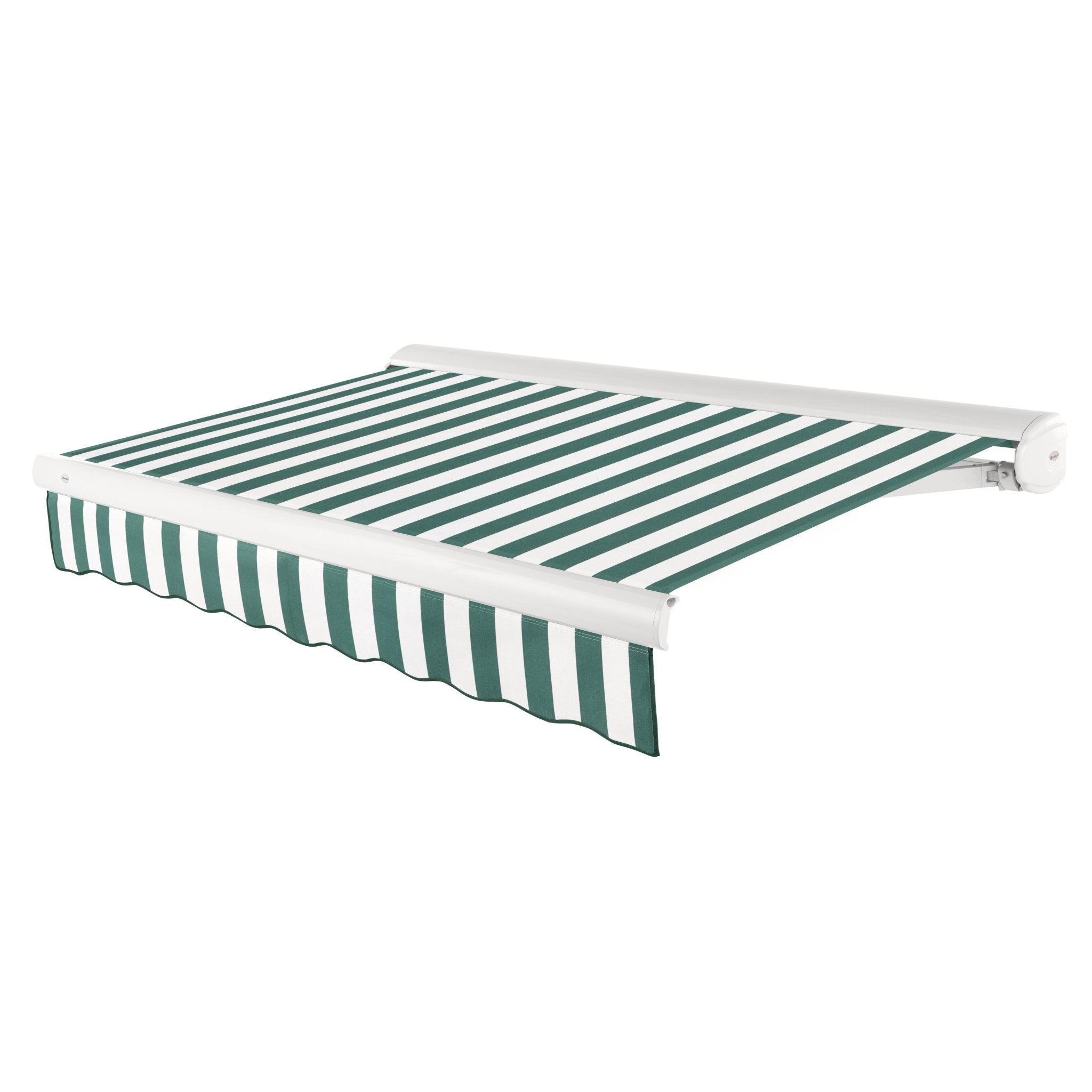 Awntech Key West full cassette motorized retractable awning in Forest/White Stripe acrylic fabric, extended, three-quarter view with white full cassette housing and wave valance