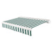 Awntech Key West full cassette motorized retractable awning in Forest/White Stripe acrylic fabric, extended, three-quarter view with white full cassette housing and wave valance