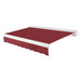 Awntech Key West full cassette motorized retractable awning in Burgundy acrylic fabric, extended, three-quarter view with white full cassette housing and wave valance