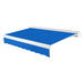 Awntech Key West full cassette motorized retractable awning in Bright Blue acrylic fabric, extended, three-quarter view with white full cassette housing and wave valance