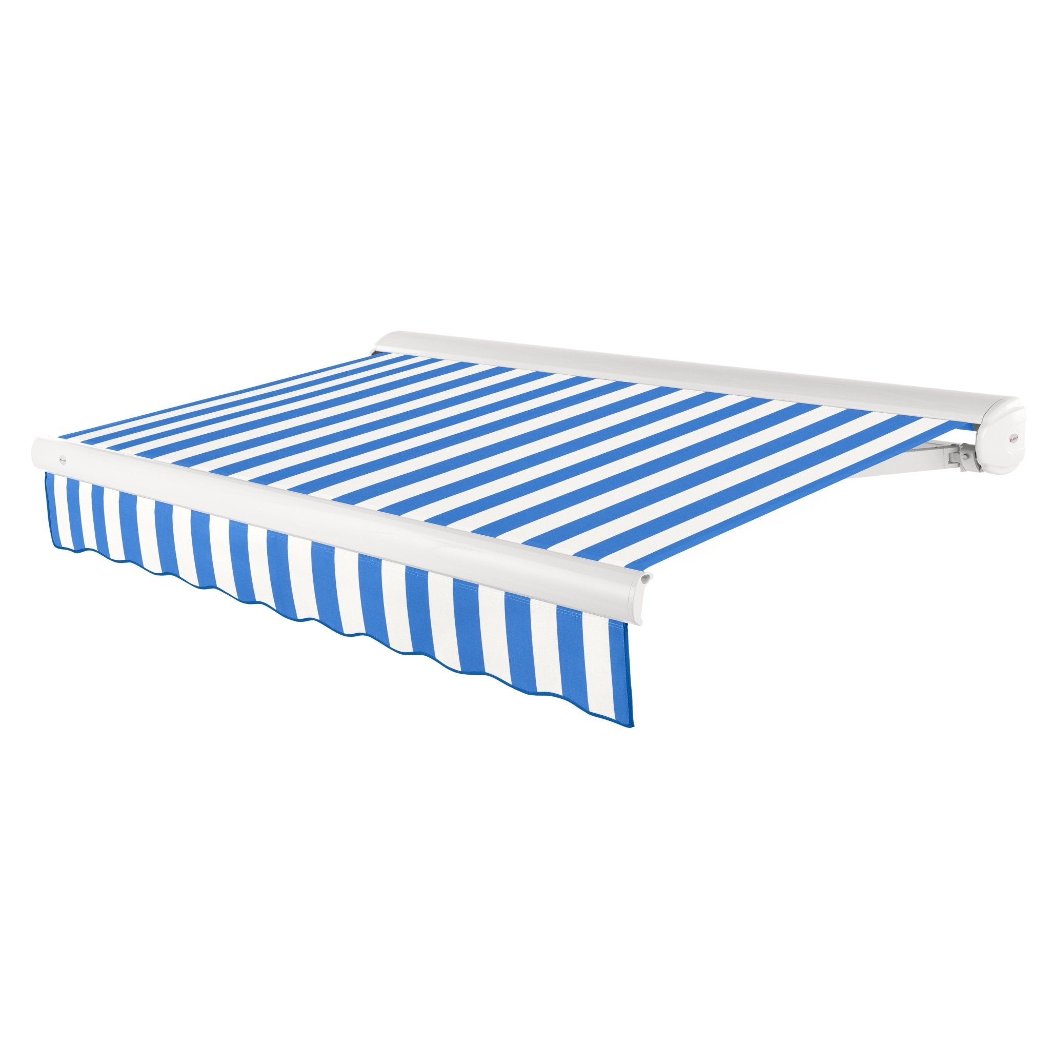 Awntech Key West full cassette motorized retractable awning in Bright Blue/White Stripe acrylic fabric, extended, three-quarter view with white full cassette housing and wave valance