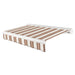 Awntech Key West full cassette motorized retractable awning in Brown/Tan/Terracotta Multi acrylic fabric, extended, three-quarter view with white full cassette housing and wave valance