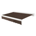 Awntech Key West full cassette motorized retractable awning in Brown acrylic fabric, extended, three-quarter view with white full cassette housing and wave valance