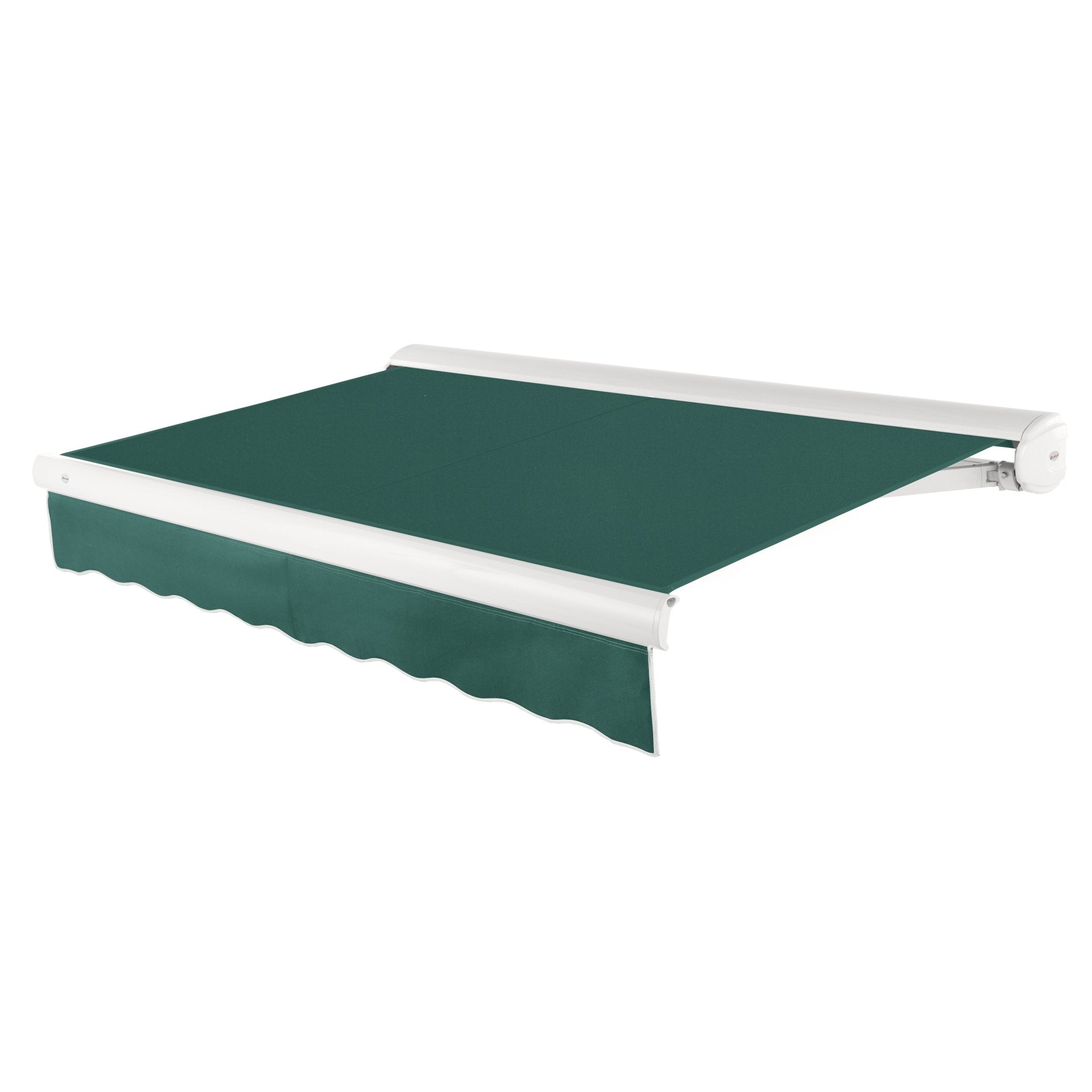 Awntech Key West full cassette motorized retractable awning in Forest acrylic fabric, extended, three-quarter view with white full cassette housing and wave valance